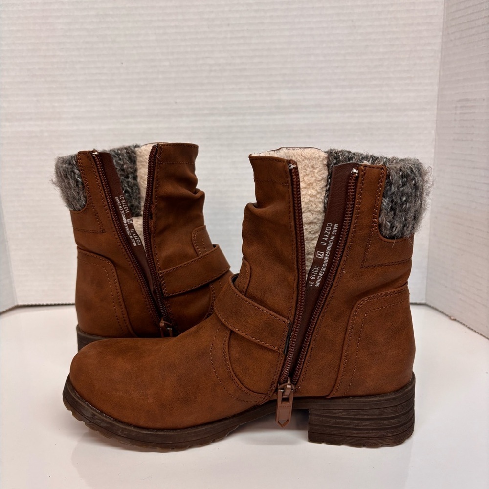 Yellow Brown Knit Cuff Buckle Combat Ankle Boots - Picture 8 of 10
